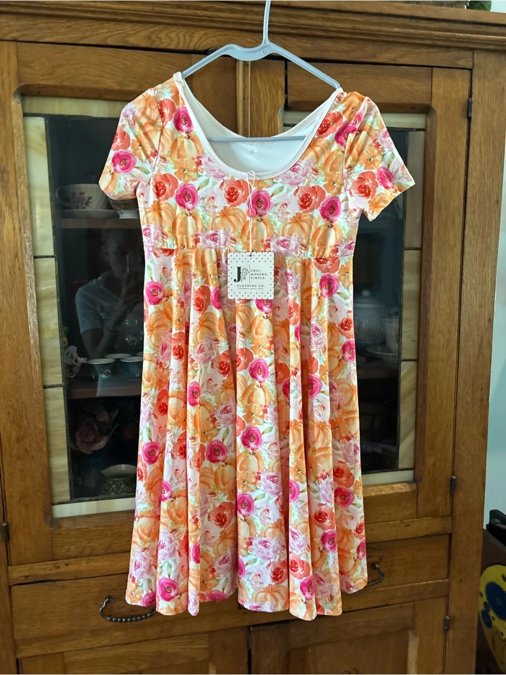 Girls' Floral Pumpkin Orange & Pink Short Sleeve Dress